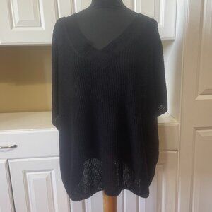 Zenana Black V Neck Open Knit Short Sleeve Pullover Layering Sweater Women XL